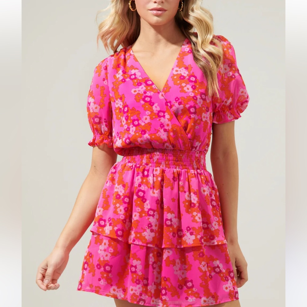 Sugarlips Hot Pink Floral Surplice Ruffle Dress